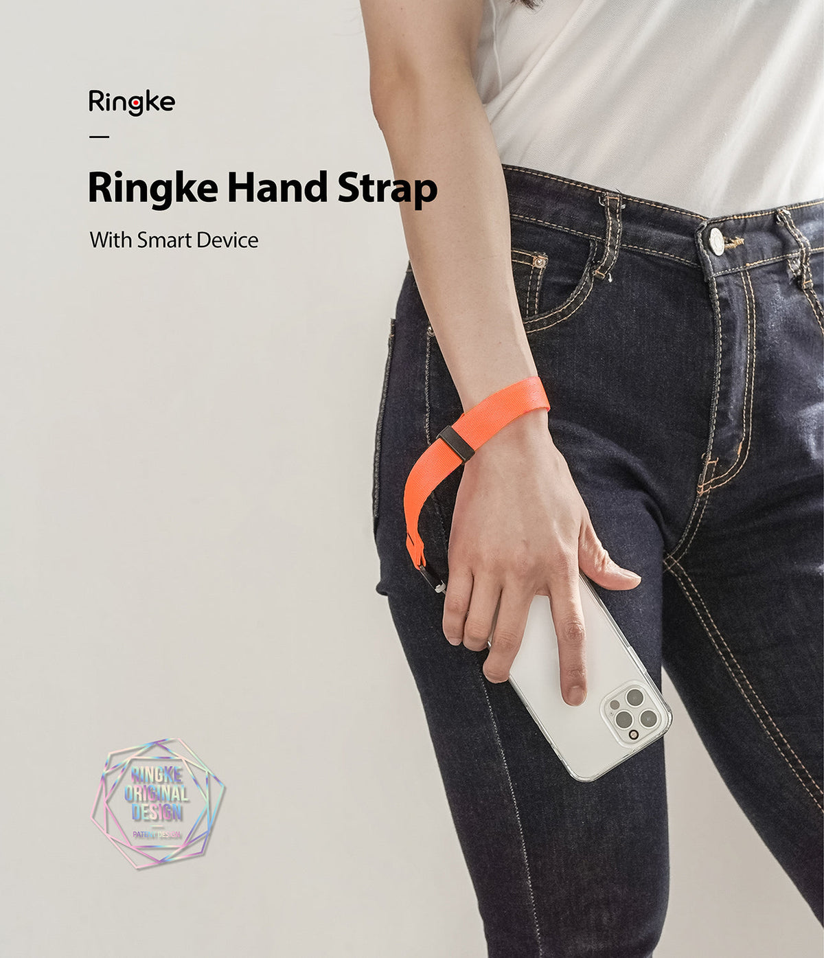 Hand Strap | Black / Neon Orange - A person wearing a neon orange wrist strap attached to a clear smartphone case.