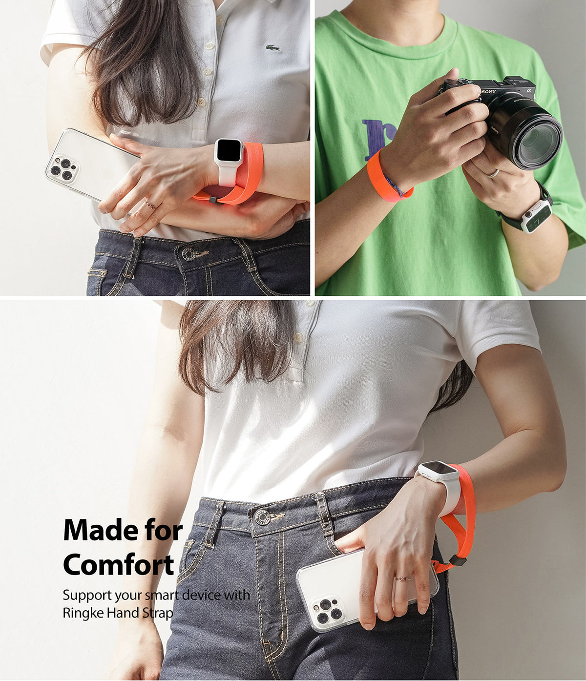 Hand Strap | Black / Neon Orange - Neon orange wrist strap attached to a smartphone and camera for secure carrying.
