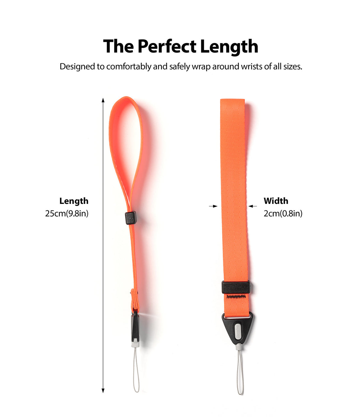 Hand Strap | Black / Neon Orange - Neon orange wrist strap with dimensions showing 25cm length and 2cm width.