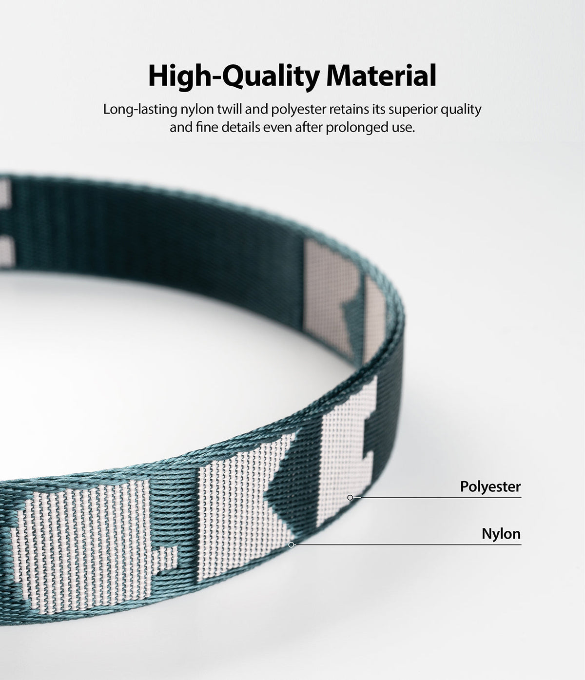 Hand Strap | Lettering - Close-up of a dark green strap with white lettering, highlighting nylon and polyester material textures.