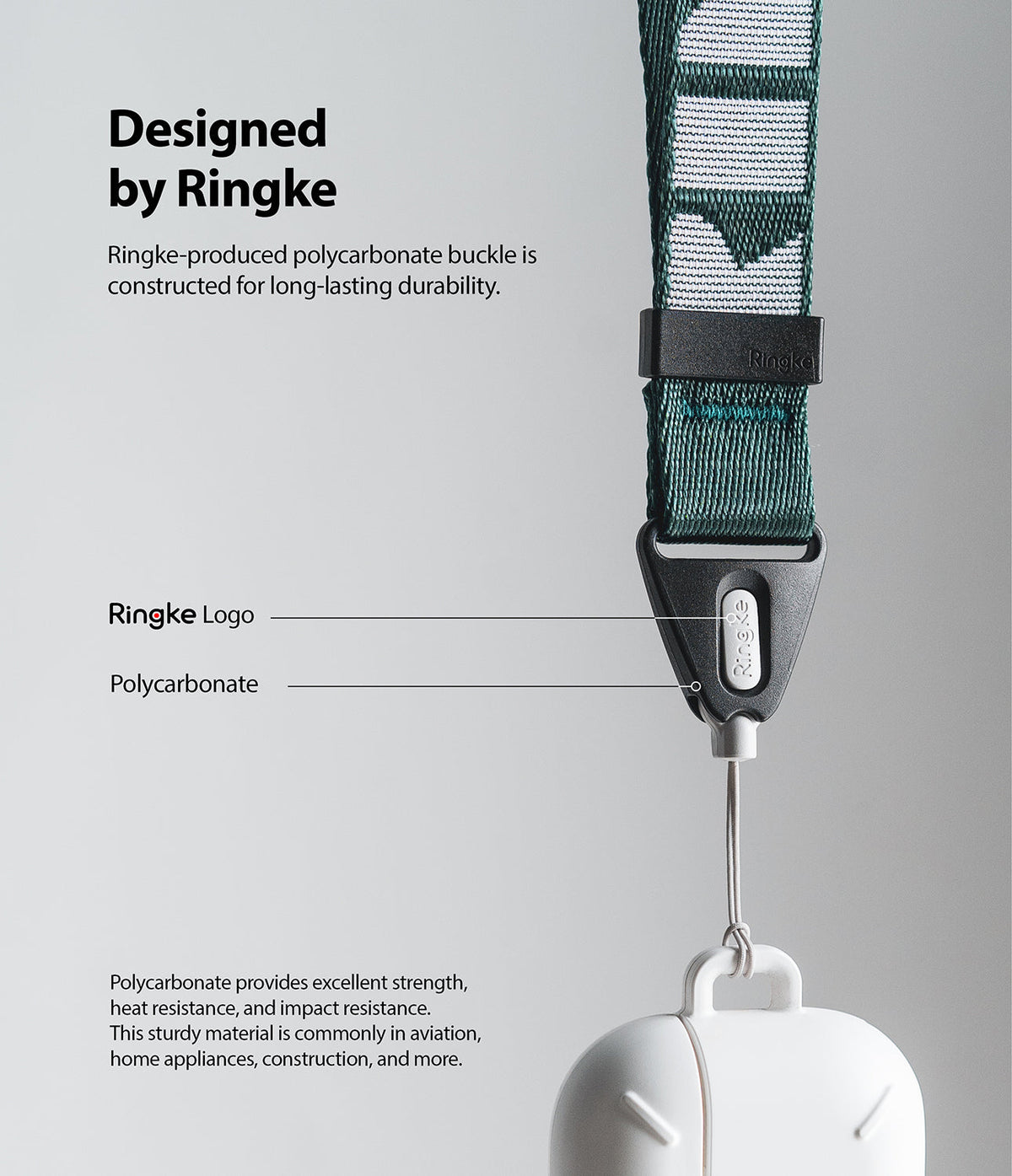 Hand Strap | Lettering - Close-up of a green Ringke hand strap with a durable polycarbonate buckle attached to a white case.