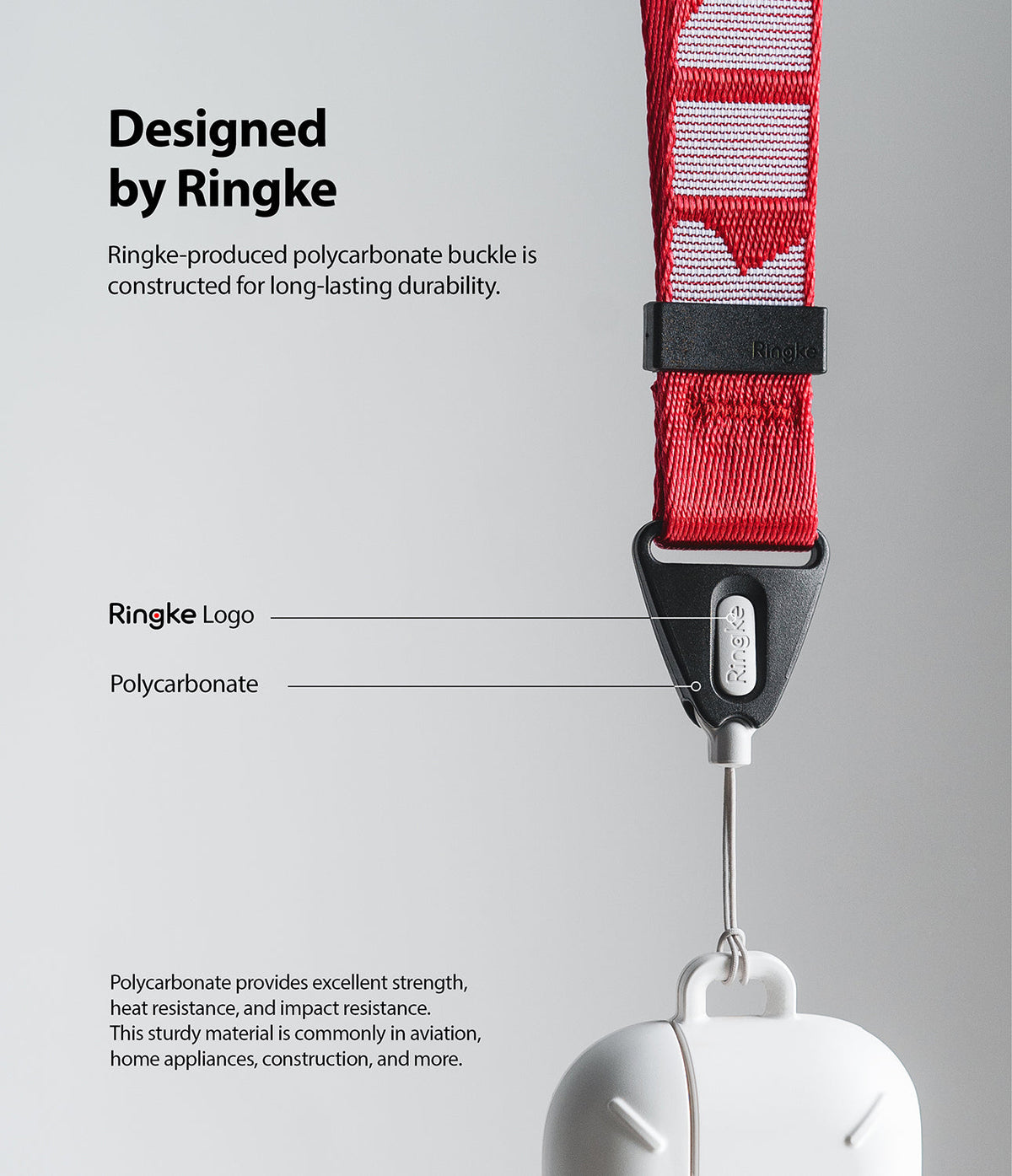 Hand Strap | Lettering - Red strap with a durable black polycarbonate buckle featuring the Ringke logo and text descriptions.
