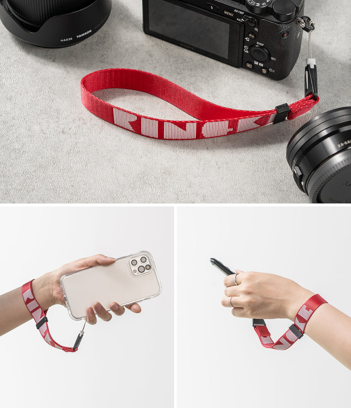 Hand Strap | Lettering - Red wrist strap with white Ringke logo attached to a camera and held by a hand with a smartphone.