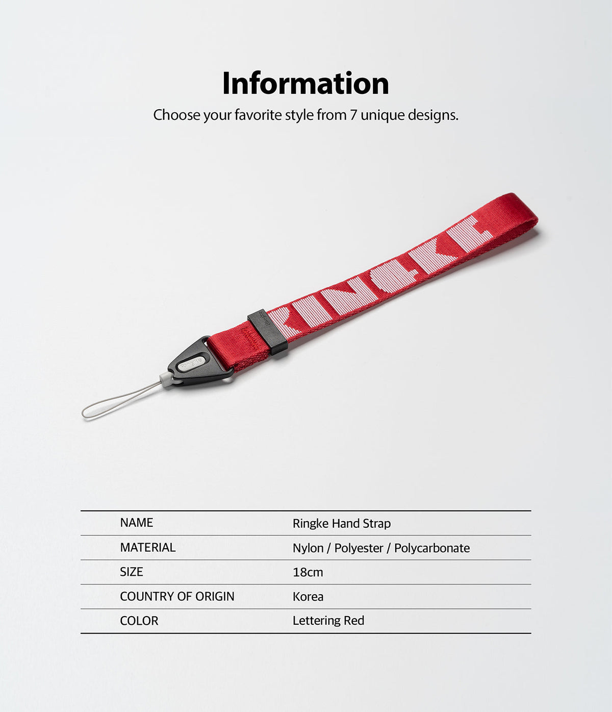 Hand Strap | Lettering - Red Ringke hand strap with white lettering and a black connector, displayed with product specifications.