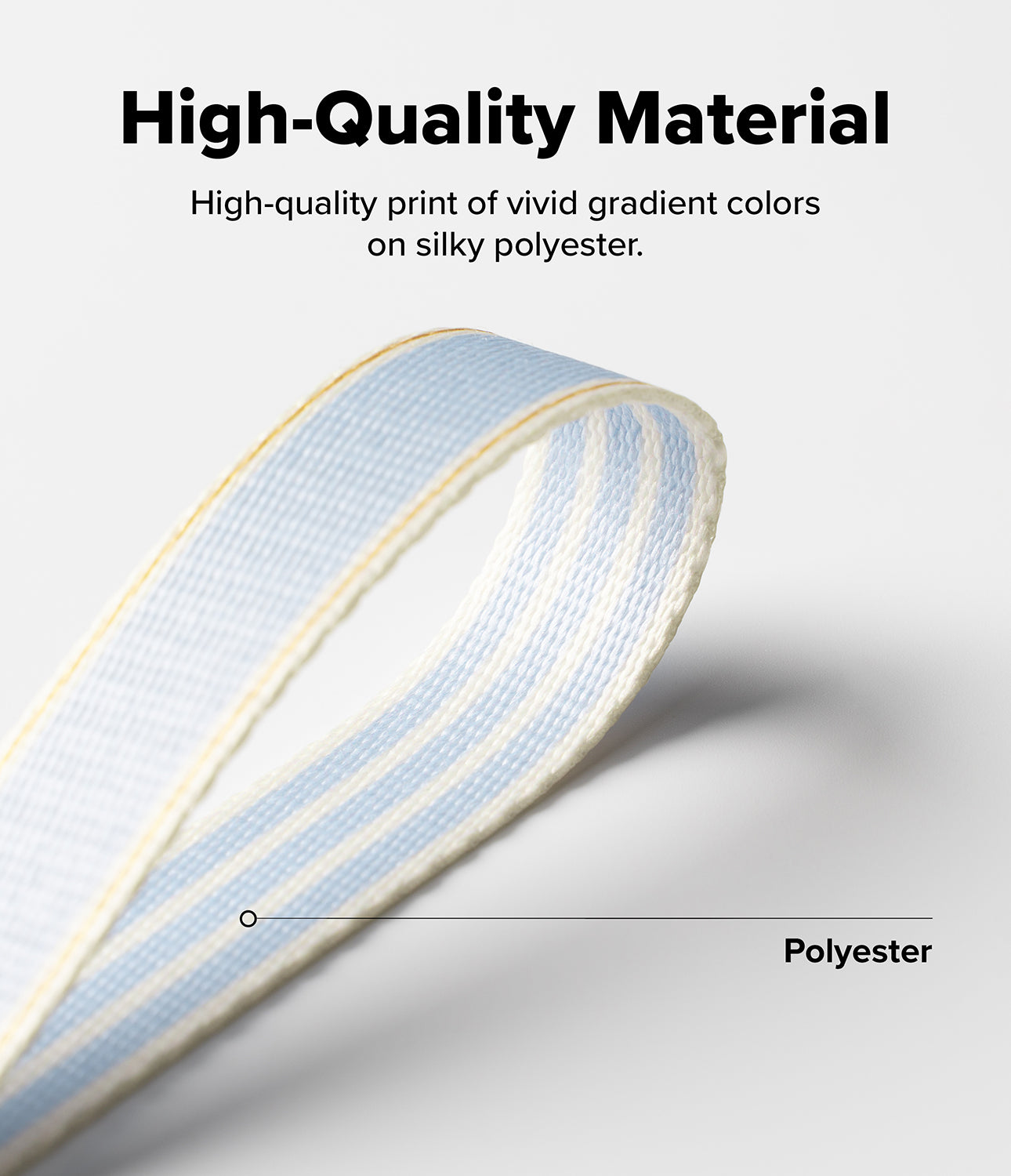 Design Hand Strap - Close-up of a looped, light blue and white striped silky polyester strap against a white background.