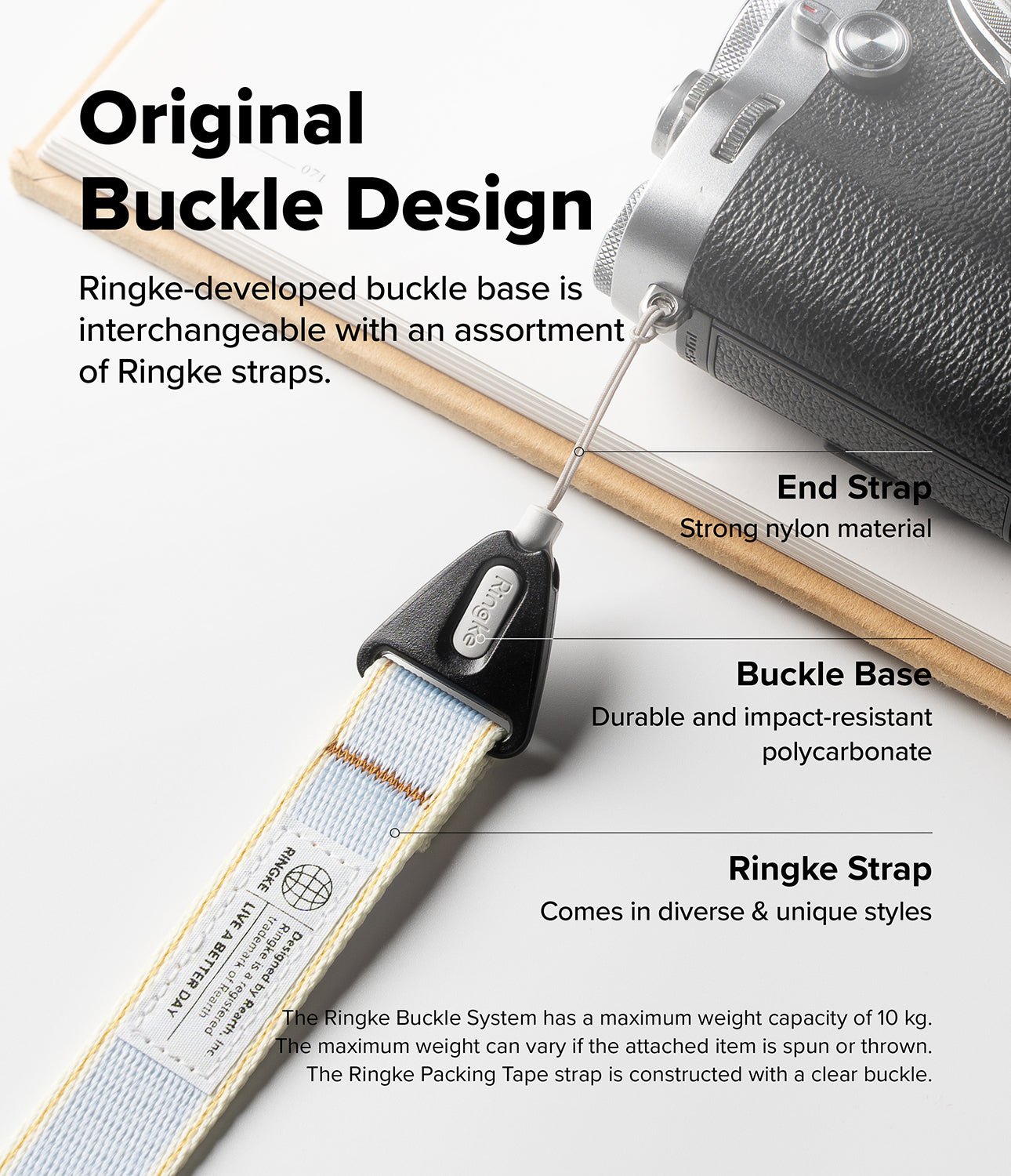 Design Hand Strap - Close-up of a camera strap with a durable buckle base, nylon end strap, and branded fabric design.