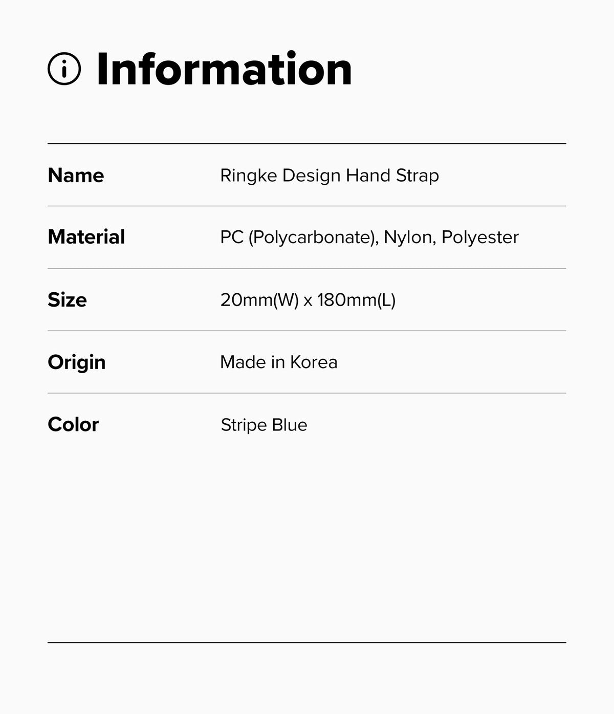 Design Hand Strap - Information table listing product name, materials, size, origin, and Stripe Blue color.