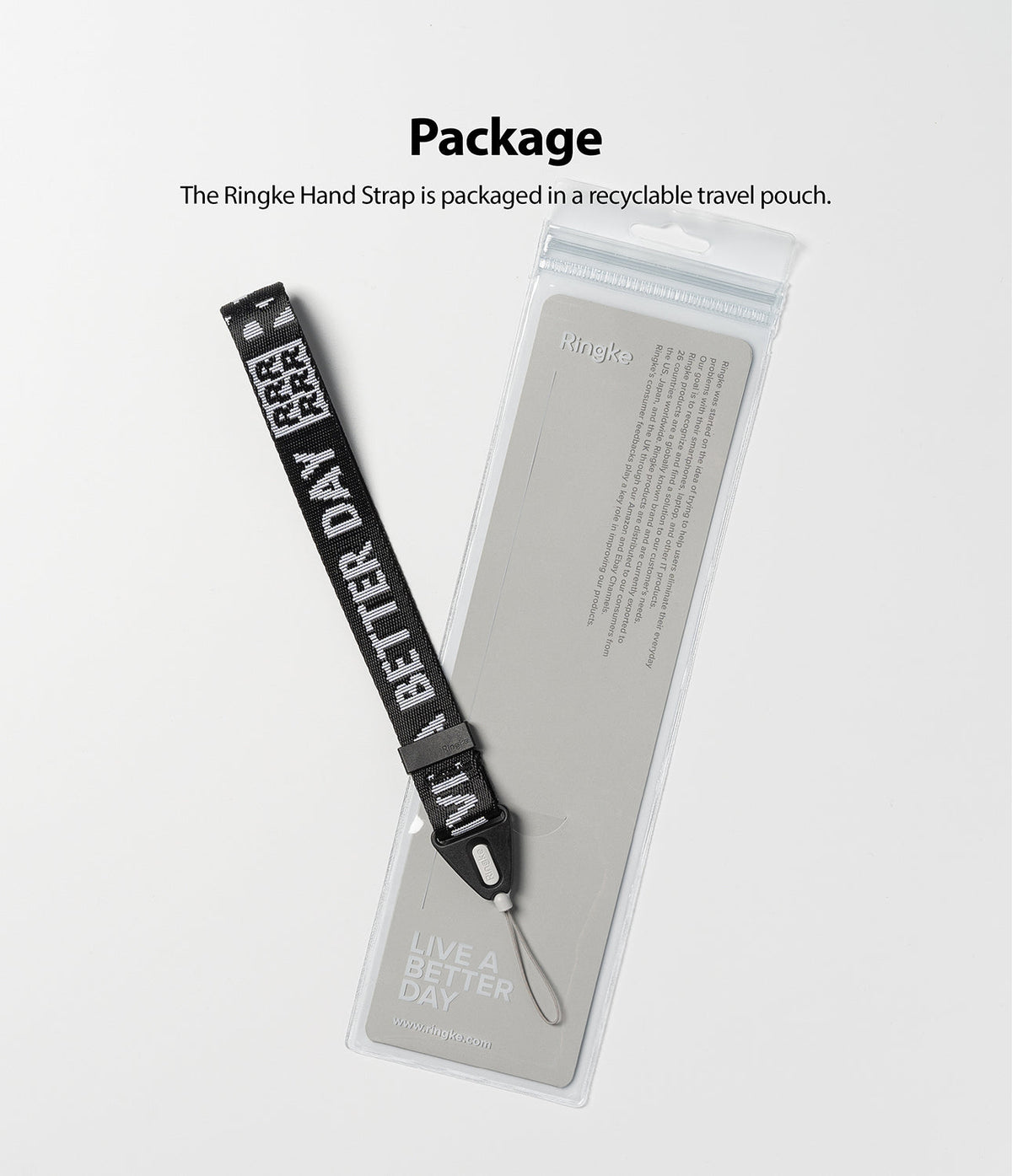 Hand Strap | Lettering - Black hand strap with white "BETTER DAY" text next to its clear, branded recyclable packaging.
