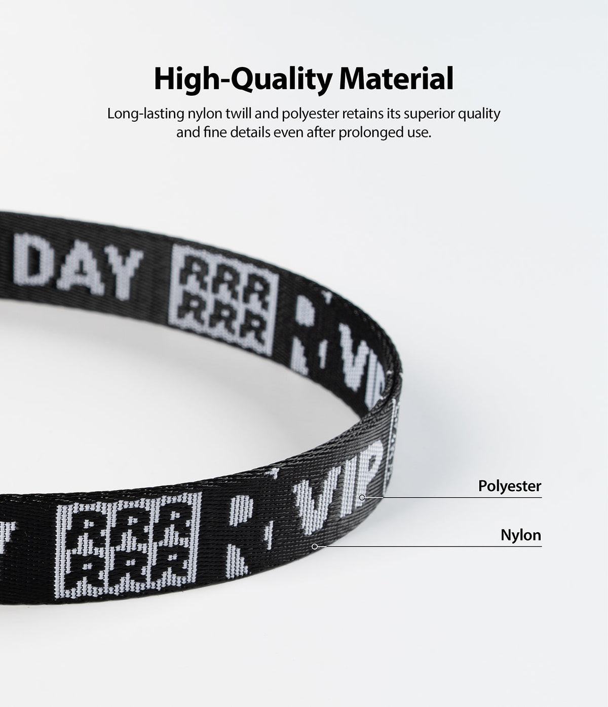 Hand Strap | Lettering - Close-up of a black nylon and polyester strap with white text and RRR logos, labeled by material.