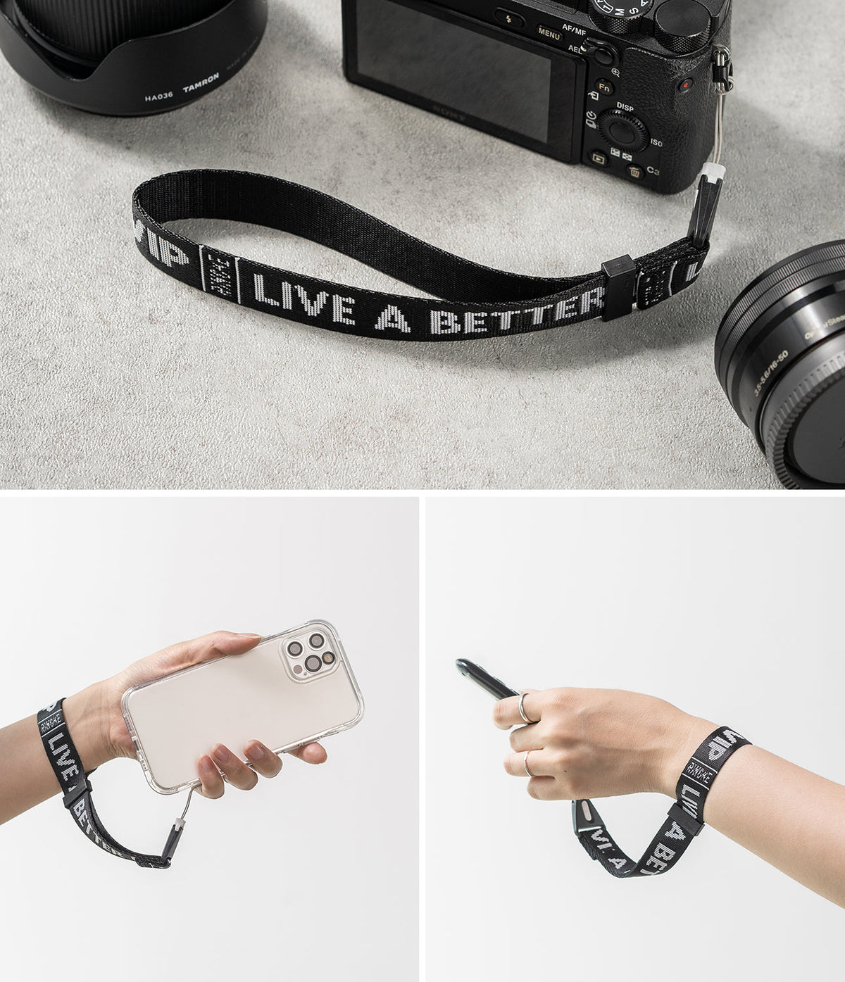 Hand Strap | Lettering - Black wrist strap with white "LIVE A BETTER" text attached to a camera and a smartphone.