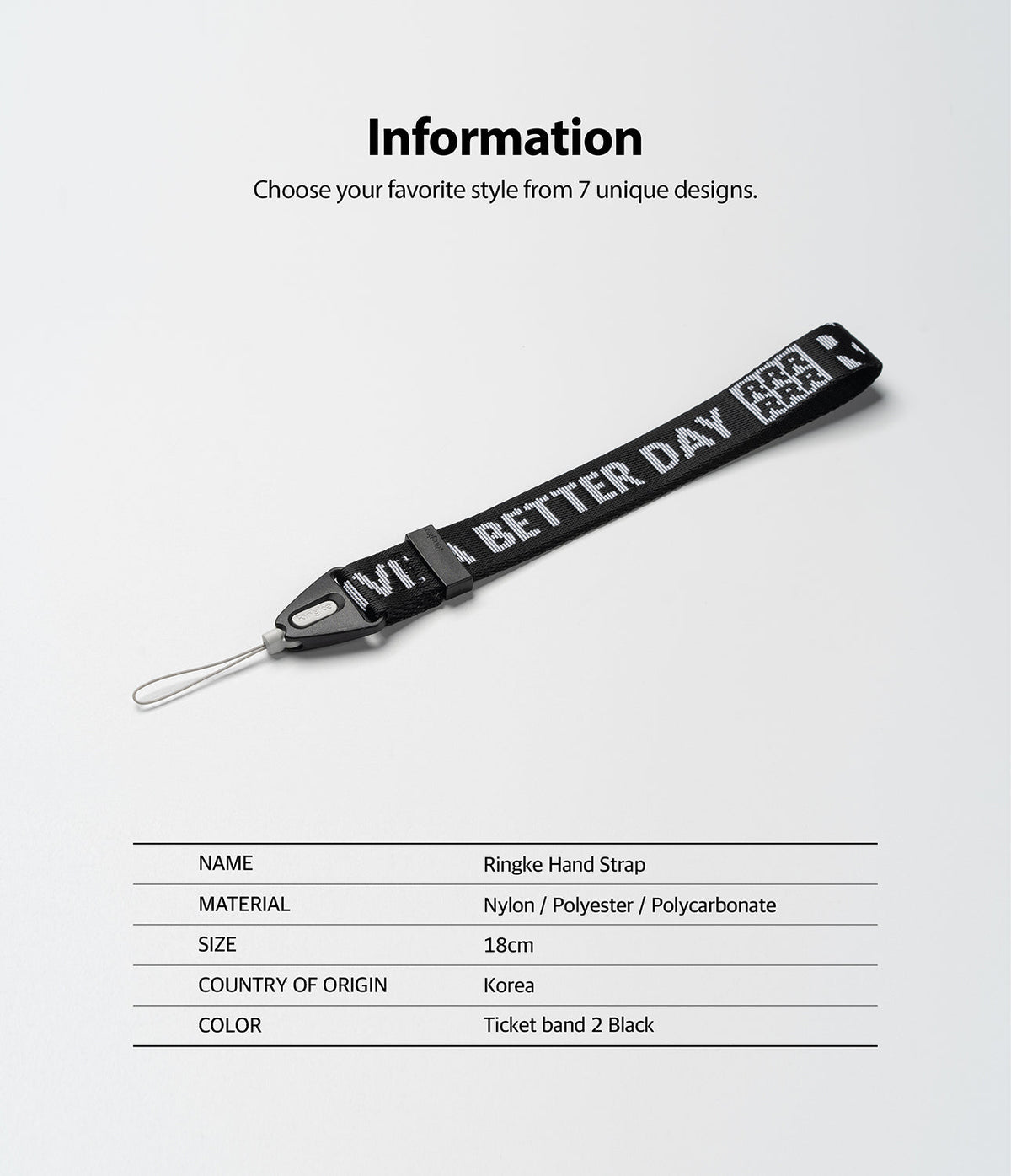 Hand Strap | Lettering - Black fabric hand strap with white text, plastic connector, and loop, shown with product specs.