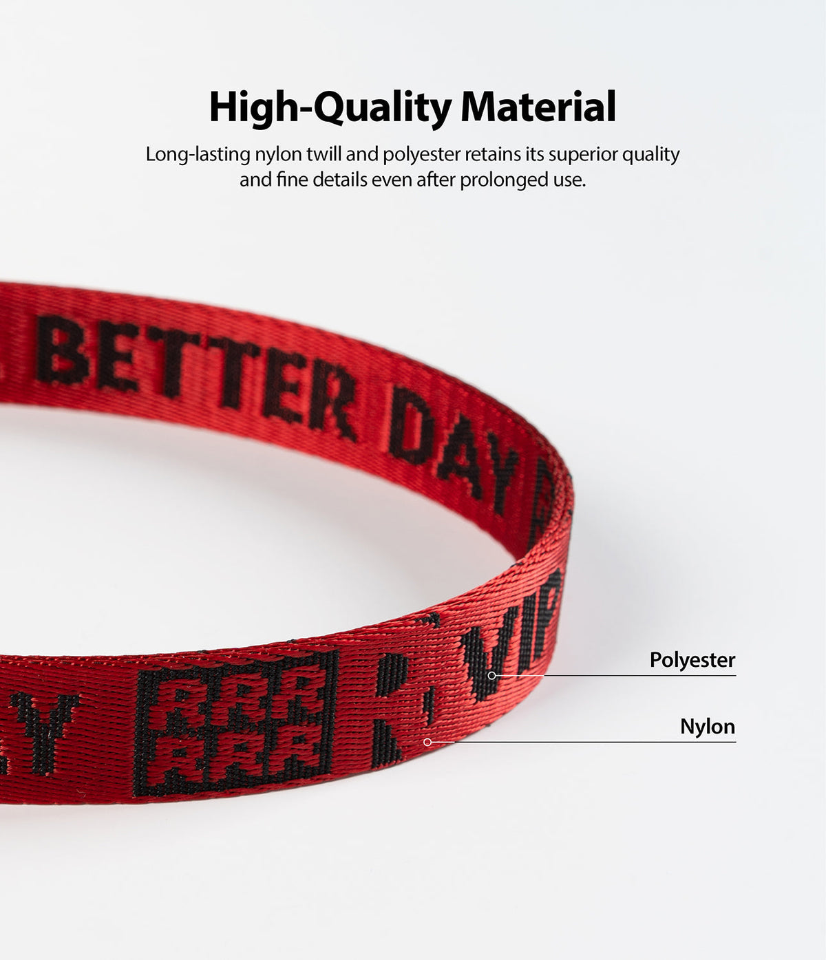 Hand Strap | Lettering - Red nylon strap with black "BETTER DAY" text and RRR logo, highlighting durable material construction.
