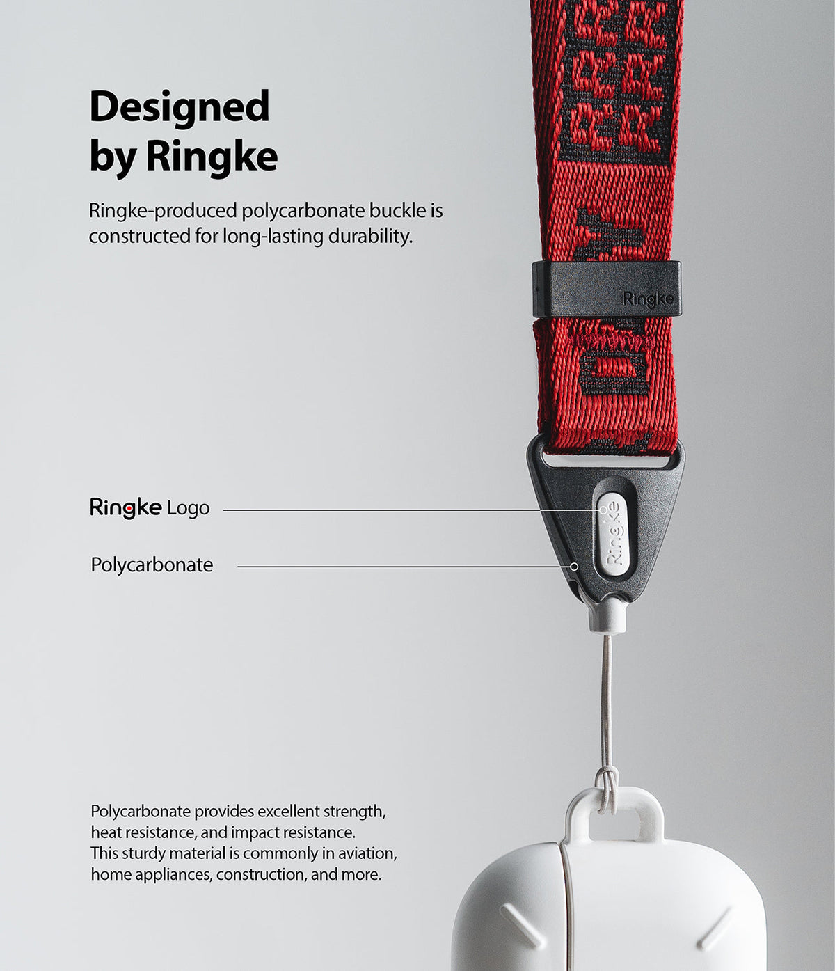 Hand Strap | Lettering - Red strap with Ringke branding attached to a durable polycarbonate buckle and white case.