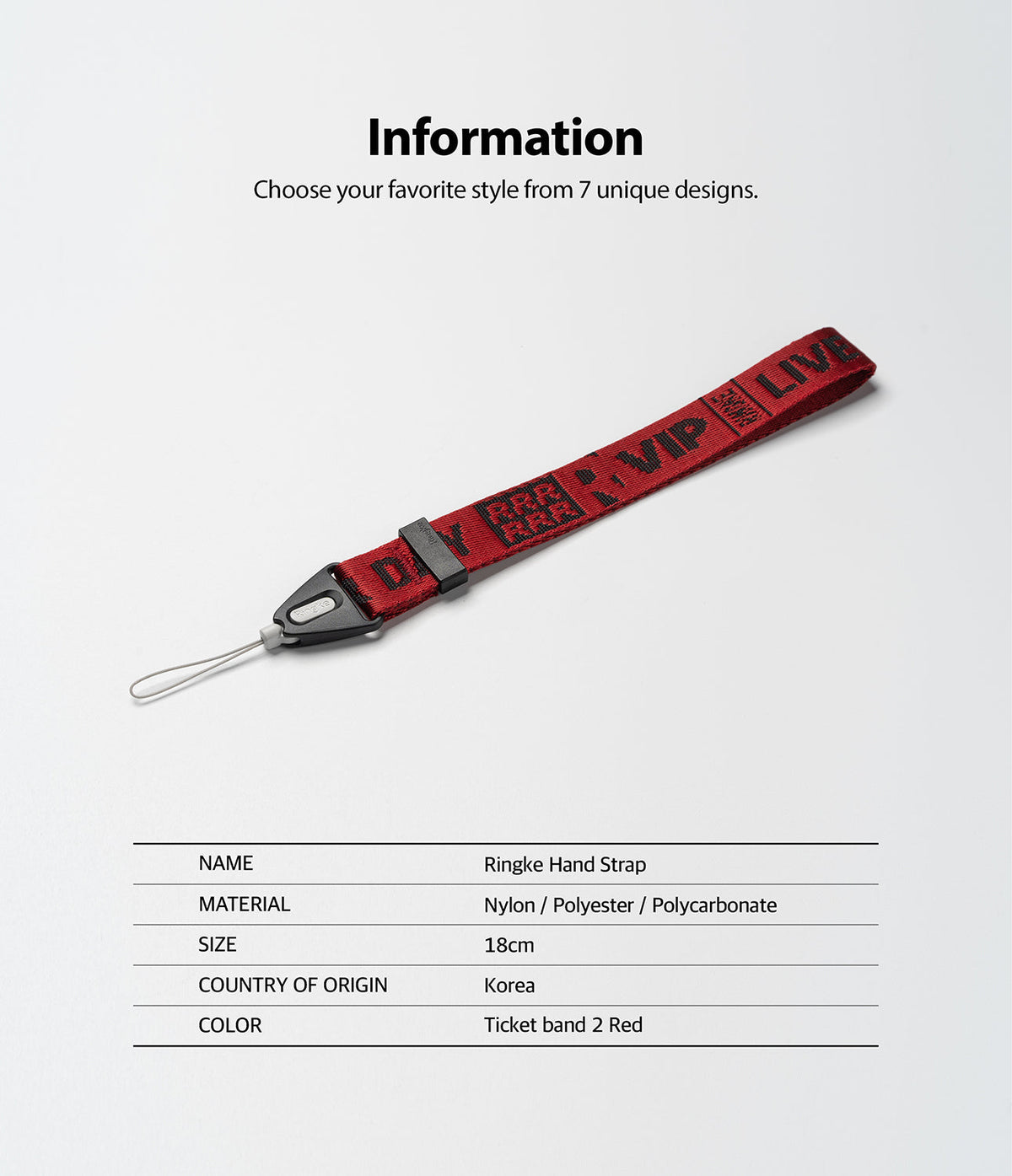 Hand Strap | Lettering - Red fabric wrist strap with black lettering and a black plastic connector on a white background.
