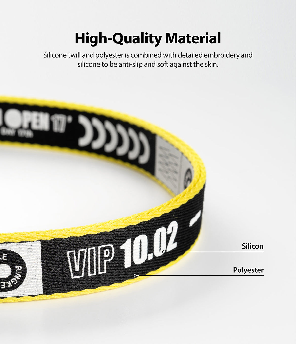 Hand Strap | Lettering - Black and yellow fabric strap with white text reading VIP 10.02, highlighting silicone and polyester.