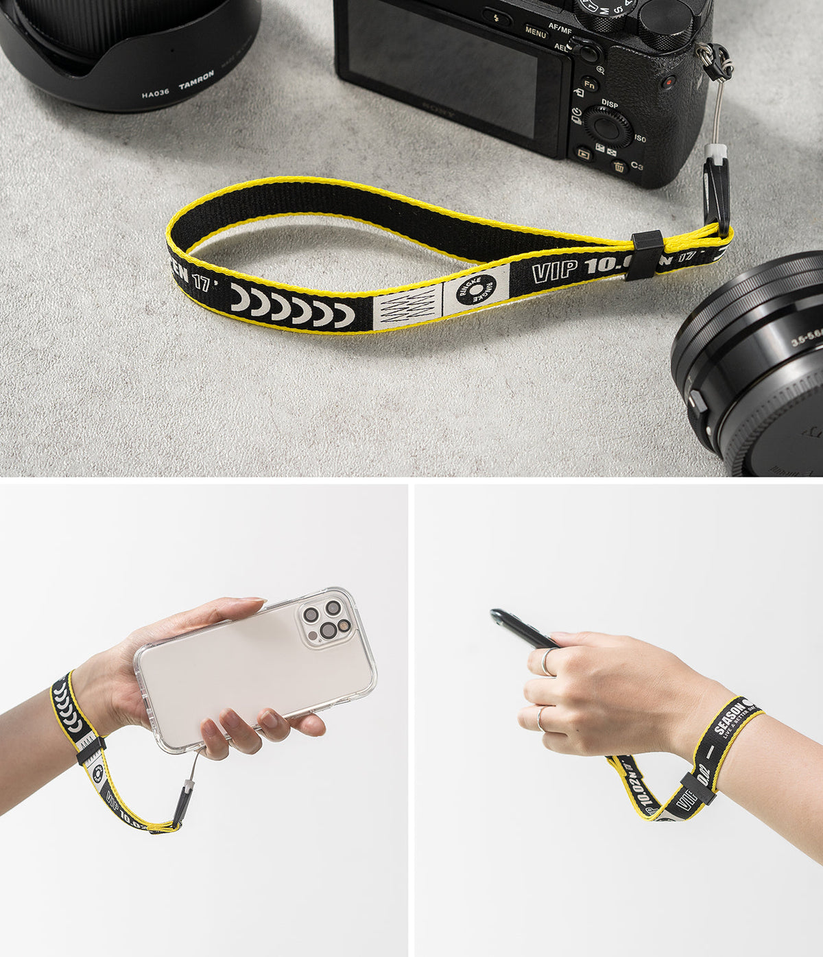 Hand Strap | Lettering - Yellow and black patterned wrist strap attached to a camera, smartphone, and held on a wrist.