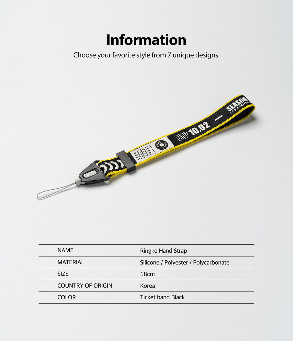 Hand Strap | Lettering - A black and yellow fabric hand strap with white text, featuring a black plastic connector and loop.