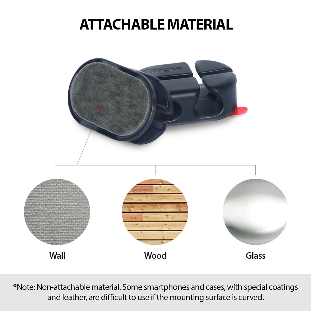 Cable Holder - Black adhesive cable clip shown with compatible wall, wood, and glass surface textures.