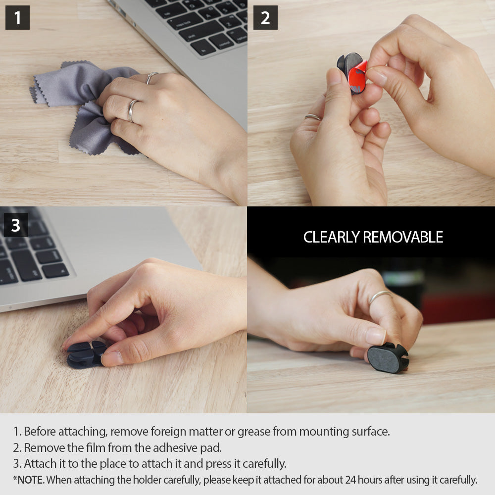 Cable Holder - Three-step guide showing how to clean surface, peel adhesive, and press the cable holder onto a desk.