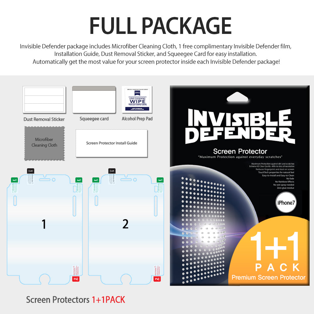 iPhone 8 Plus / 7 Plus Screen Protector | Invisible Defender - Package contents including two screen protectors and tools.