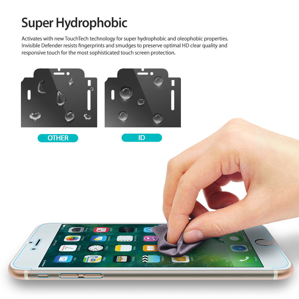 iPhone 8 Plus / 7 Plus Screen Protector | Invisible Defender - Comparison of water beading on screen protectors.