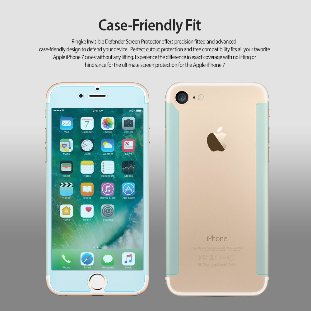 iPhone 8 Plus / 7 Plus Screen Protector | Invisible Defender - iPhone 8 Plus / 7 Plus Screen Protector - Front and back views of a gold iPhone showing a clear screen protector.