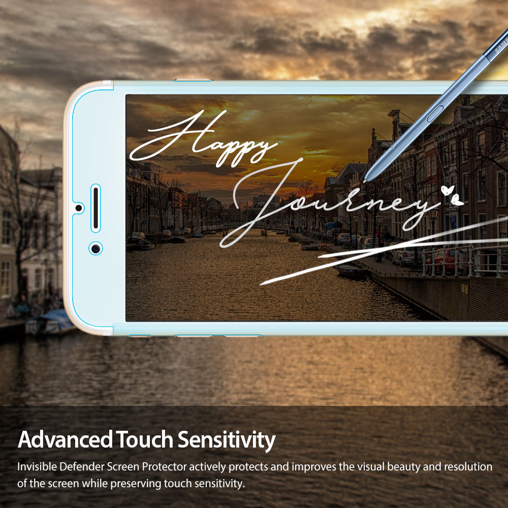 iPhone 8 Plus / 7 Plus Screen Protector | Invisible Defender - Stylus writing Happy Journey on a phone screen.