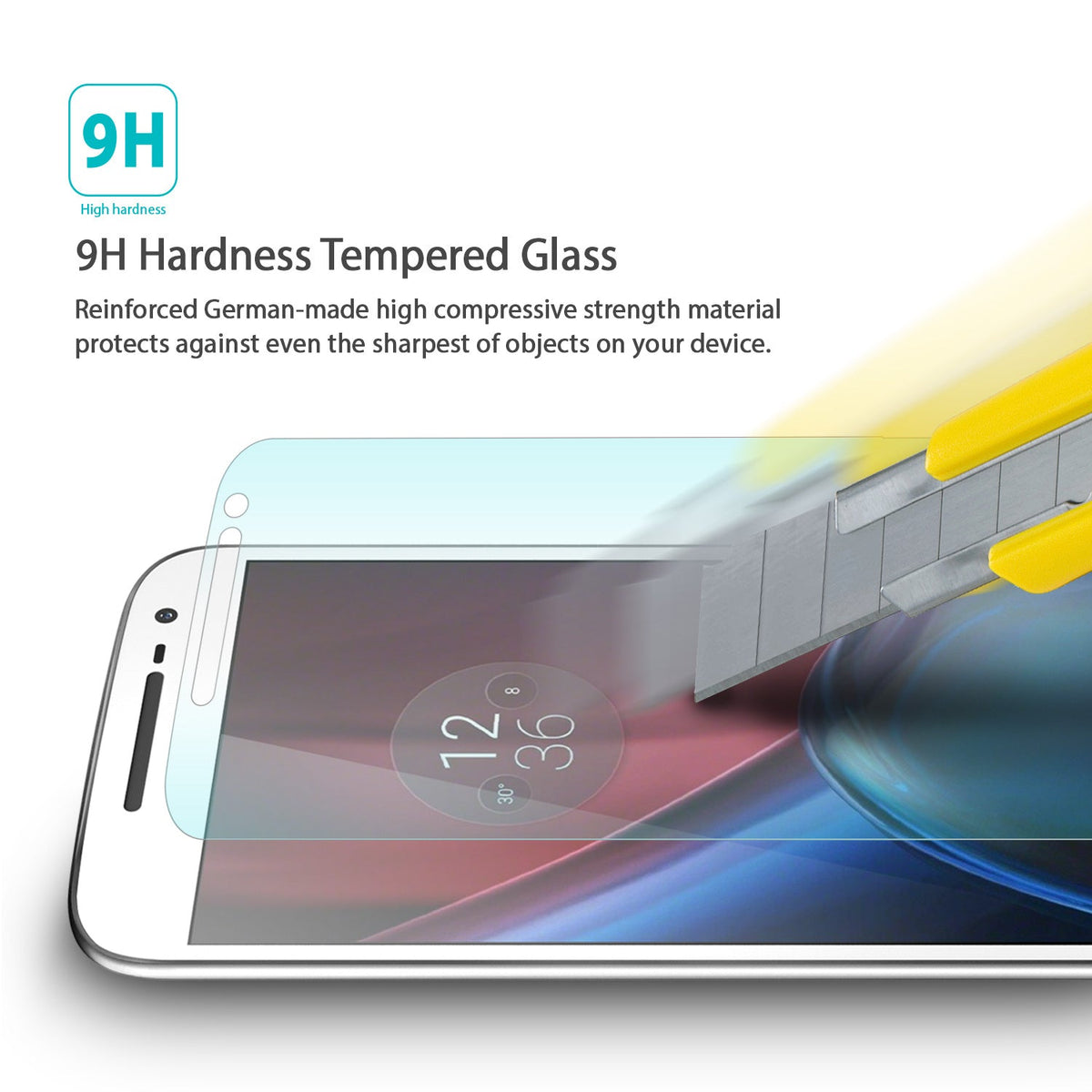 Moto G4 Plus Screen Protector | Glass - A utility knife blade scratches a 9H tempered glass screen protector on a smartphone.