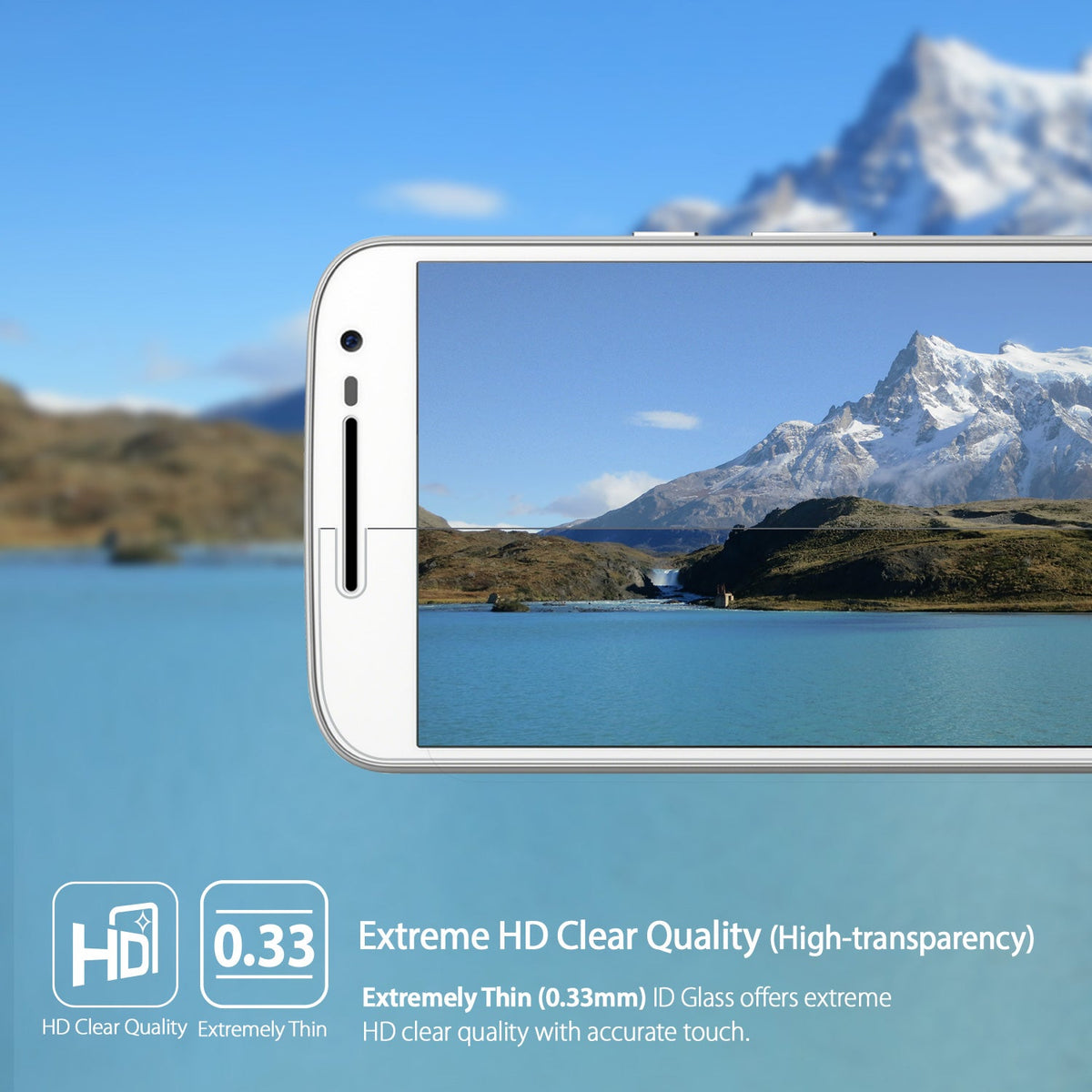 Moto G4 Plus Screen Protector | Glass - A smartphone screen showing a clear mountain landscape through a thin glass protector.