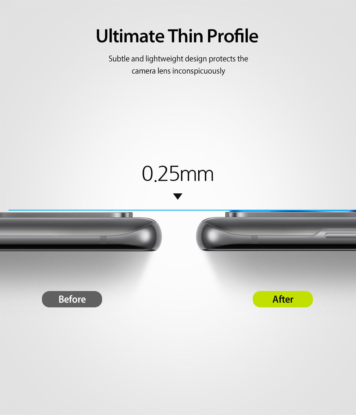 Galaxy S20 Plus Camera Protector | Invisible Defender Glass - Galaxy S20 Plus Camera Protector - Side-by-side comparison showing a 0.25mm thin glass lens protector on a smartphone.