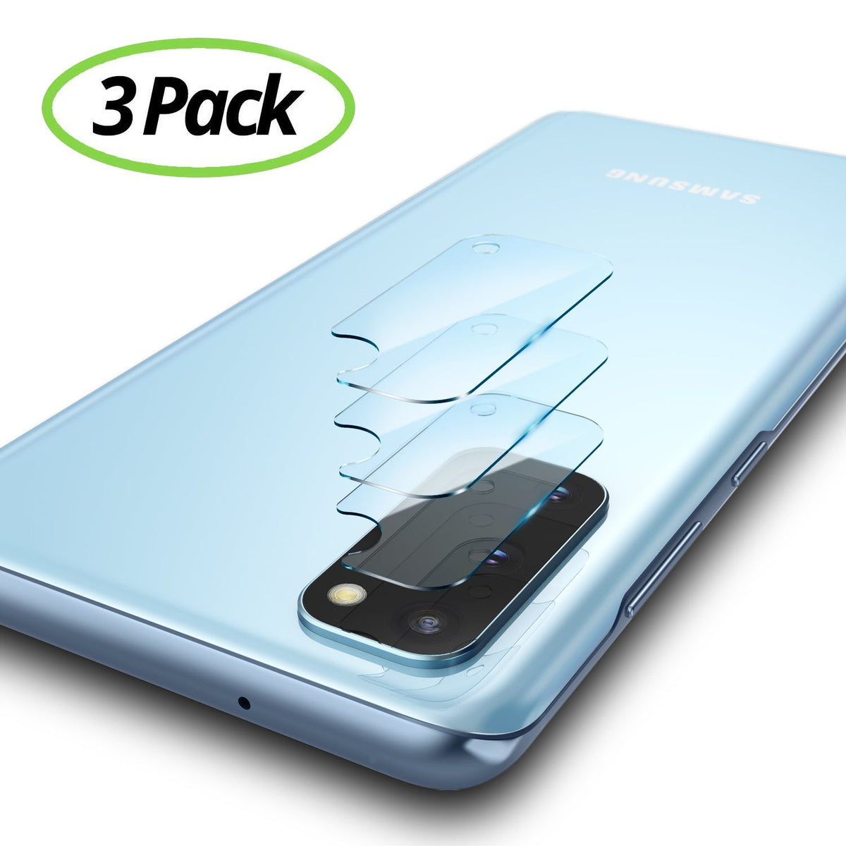 Galaxy S20 Camera Protector | Invisible Defender Glass - Three transparent glass covers floating above a blue phone.