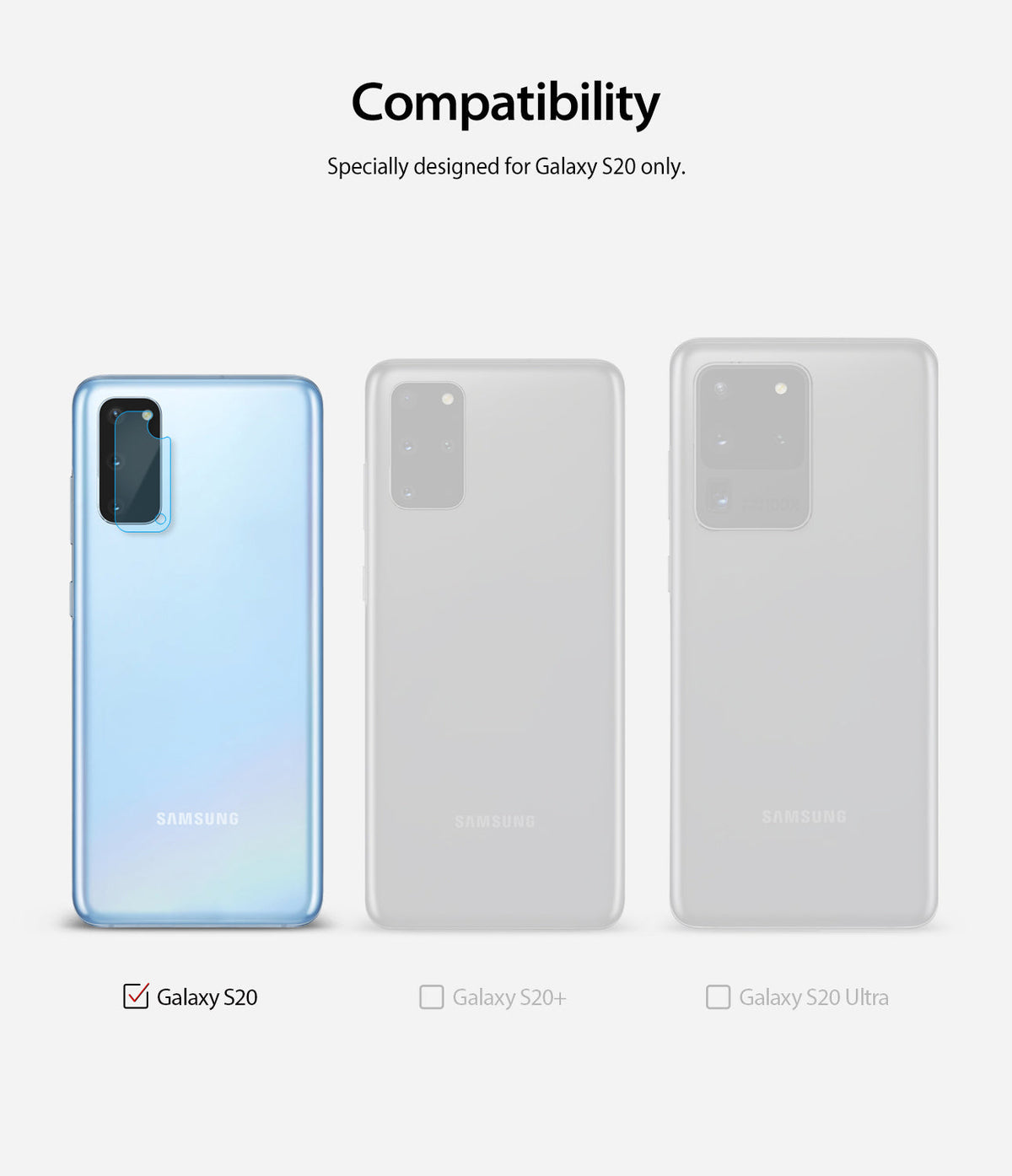 Galaxy S20 Camera Protector | Invisible Defender Glass - Galaxy S20 Camera Protector - Compatibility chart showing Galaxy S20 with camera glass applied, S20+, and S20 Ultra.