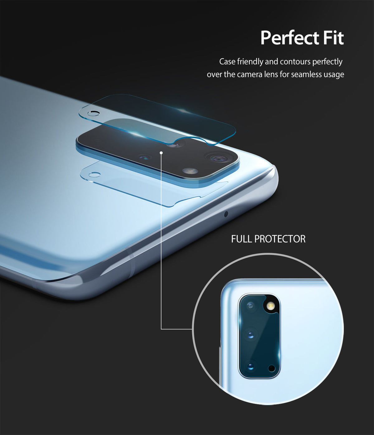 Galaxy S20 Camera Protector | Invisible Defender Glass - Galaxy S20 Camera Protector - Glass lens cover hovering above a smartphone camera module with an inset showing final fit.