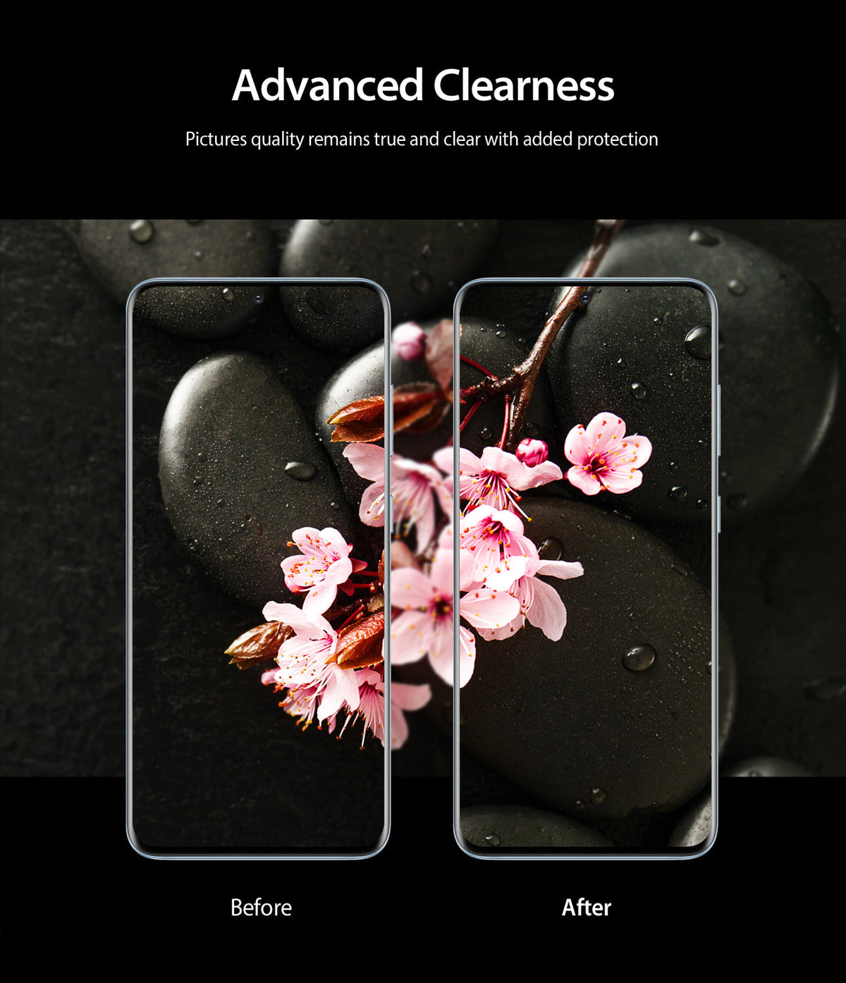 Galaxy S20 Camera Protector | Invisible Defender Glass - Galaxy S20 Camera Protector - Side-by-side comparison of a phone screen showing identical, clear floral imagery before and after.