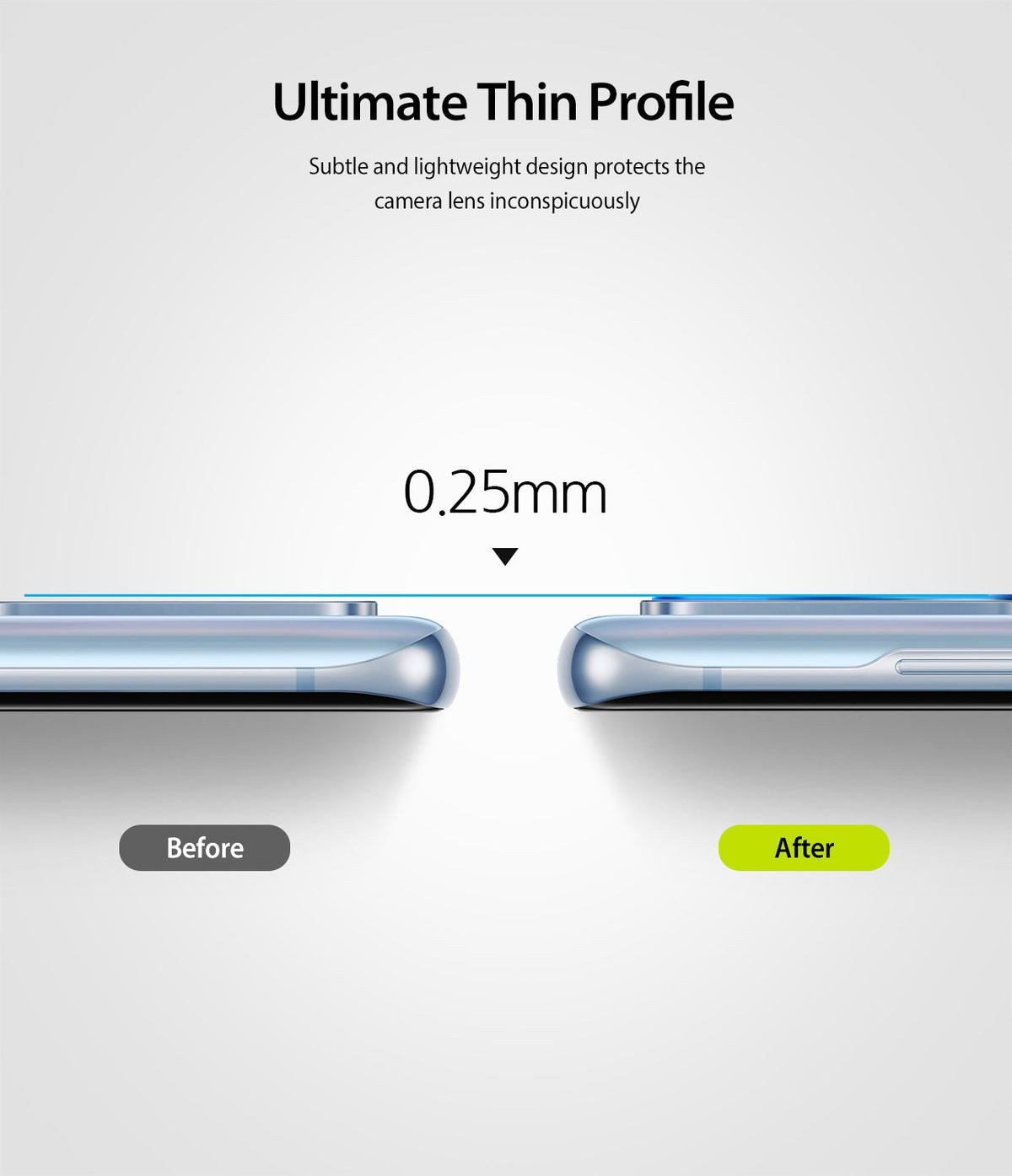 Galaxy S20 Camera Protector | Invisible Defender Glass - Galaxy S20 Camera Protector - Side view comparing a phone camera before and after applying a 0.25mm thin glass protector.