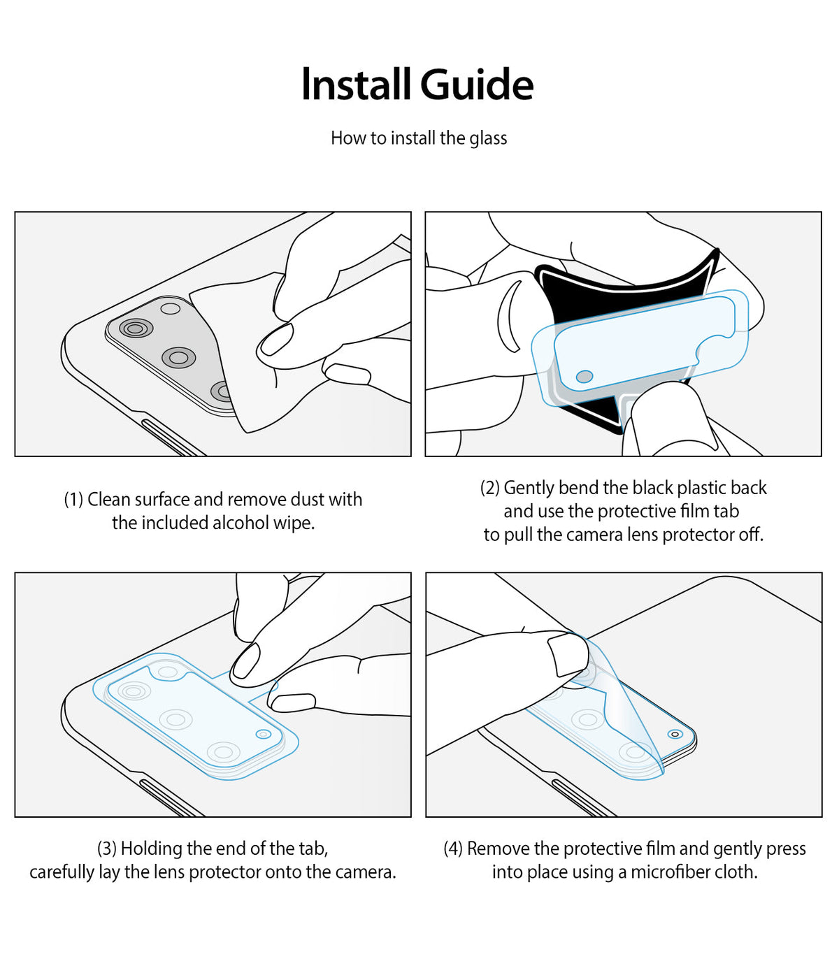 Galaxy S20 Camera Protector | Invisible Defender Glass - Galaxy S20 Camera Protector - Four-step illustrated guide showing how to clean, peel, align, and press the lens protector.