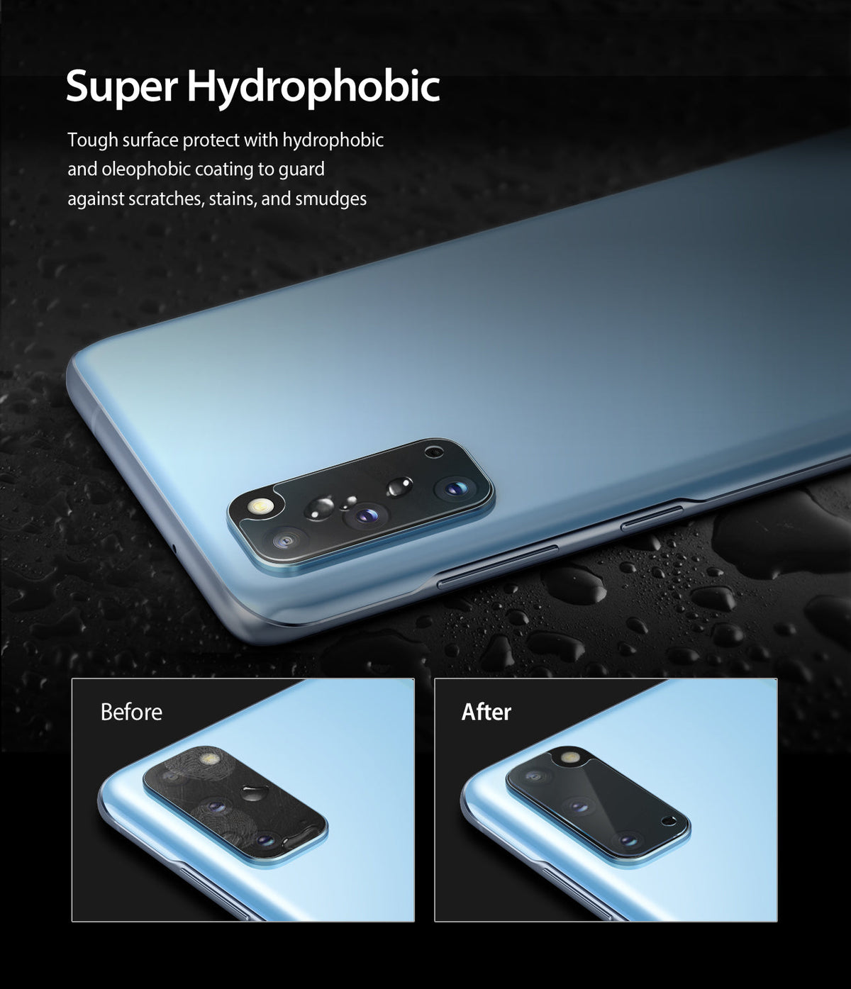 Galaxy S20 Camera Protector | Invisible Defender Glass - Smartphone camera lens protector showing water-repellent surface.