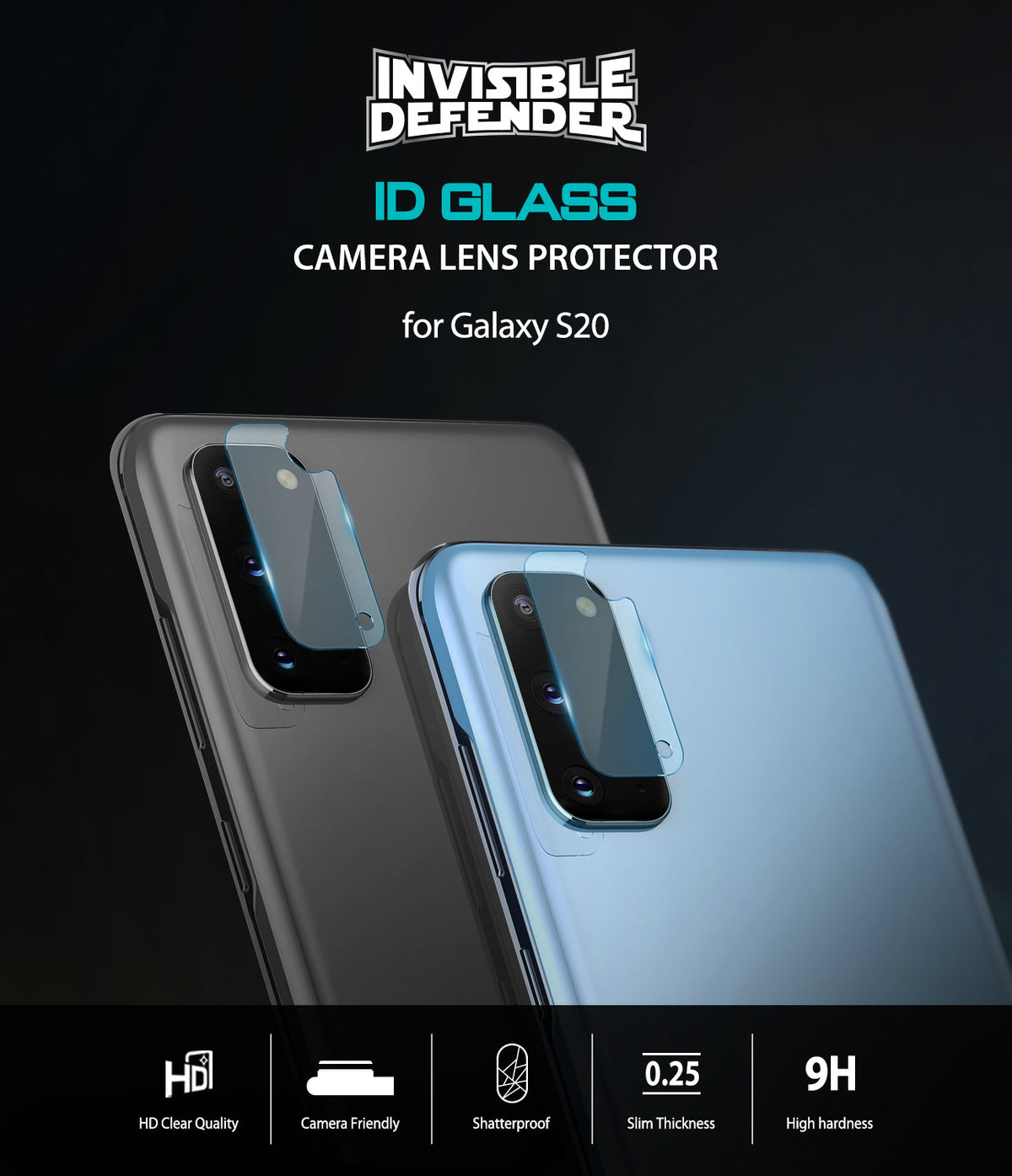 Galaxy S20 Camera Protector | Invisible Defender Glass - Galaxy S20 Camera Protector - Glass lens covers applied to gray and blue Galaxy S20 phones with product feature icons.