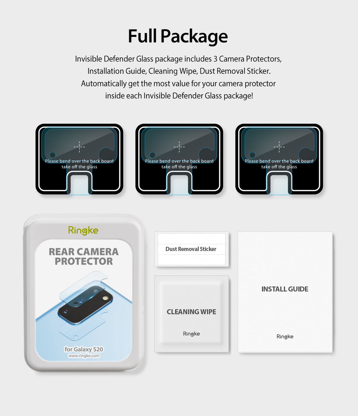 Galaxy S20 Camera Protector | Invisible Defender Glass - Package contents showing three protectors, wipes, and guide.