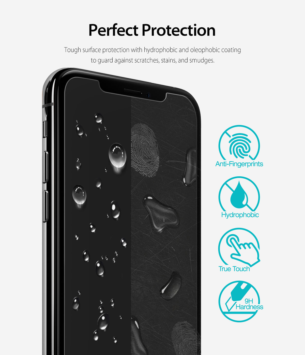iPhone XS Max Screen Protector | Invisible Defender Glass - iPhone XS Max Screen Protector - Smartphone screen with water droplets and icons showing anti-fingerprint and 9H hardness.
