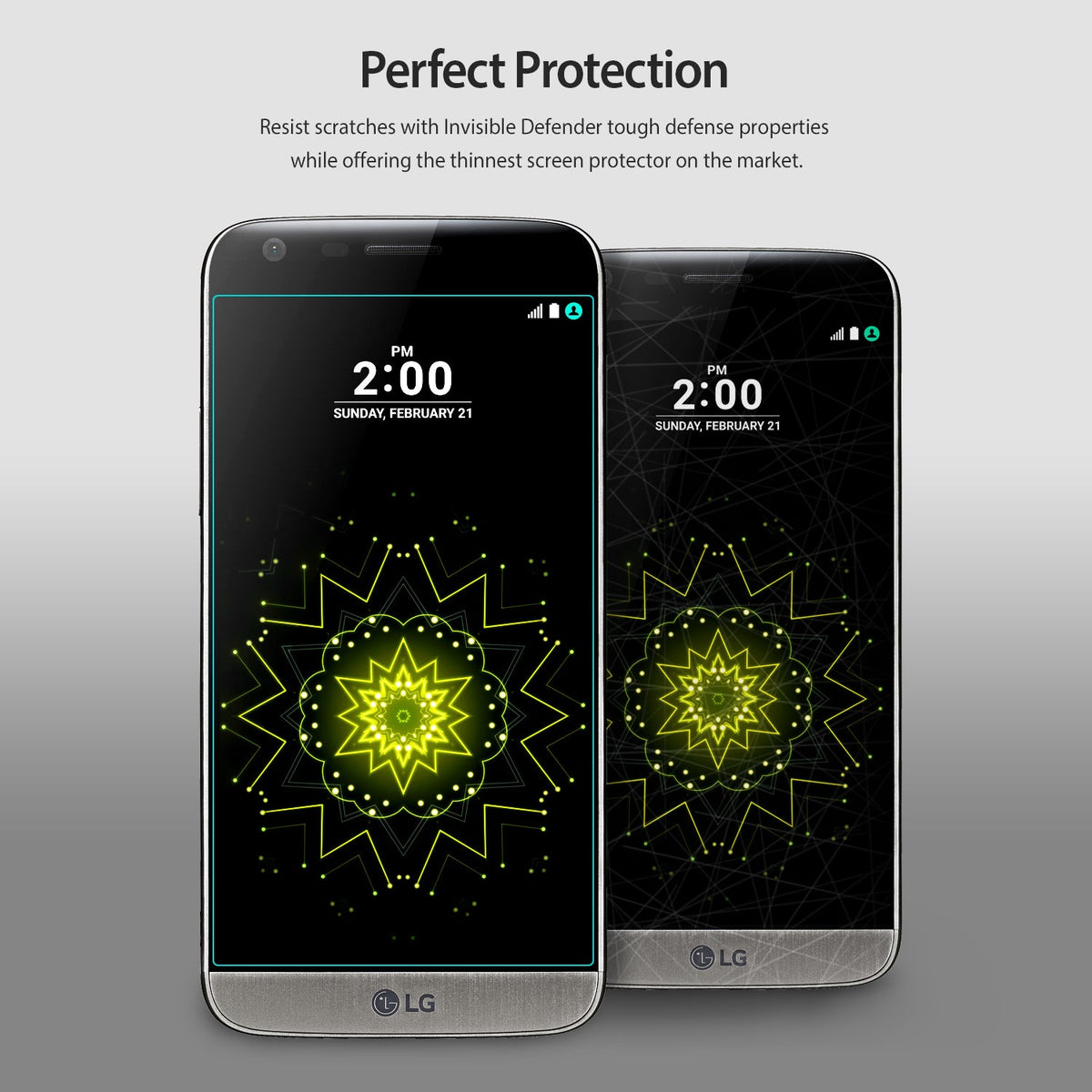 LG G5 Screen Protector | Invisible Defender - LG G5 Screen Protector - Two LG G5 smartphones side-by-side, one with a thin screen protector outline visible.