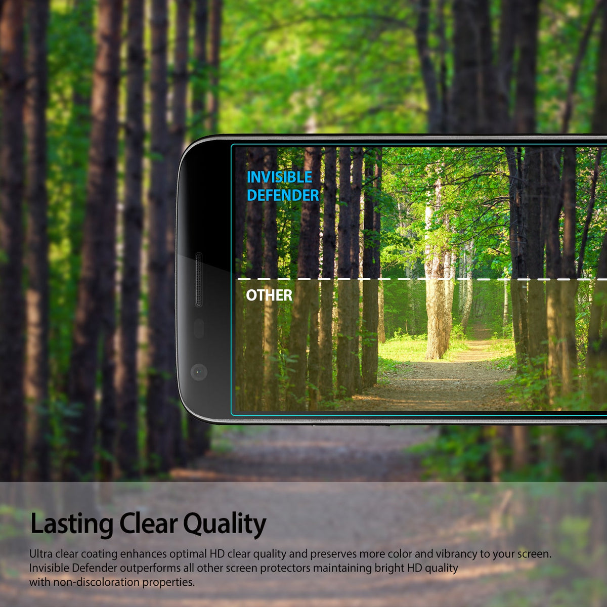 LG G5 Screen Protector | Invisible Defender - Split-screen comparison showing superior clarity of Invisible Defender vs other.