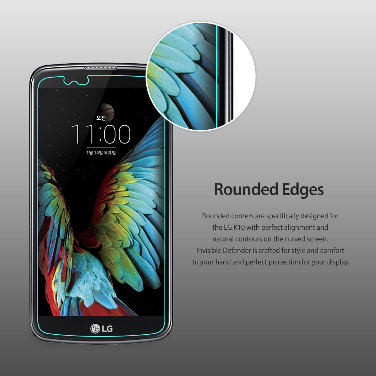 LG K10 Screen Protector | Invisible Defender - LG K10 Screen Protector - LG K10 phone with a screen protector, featuring a zoomed-in view of the smooth, rounded glass edge.