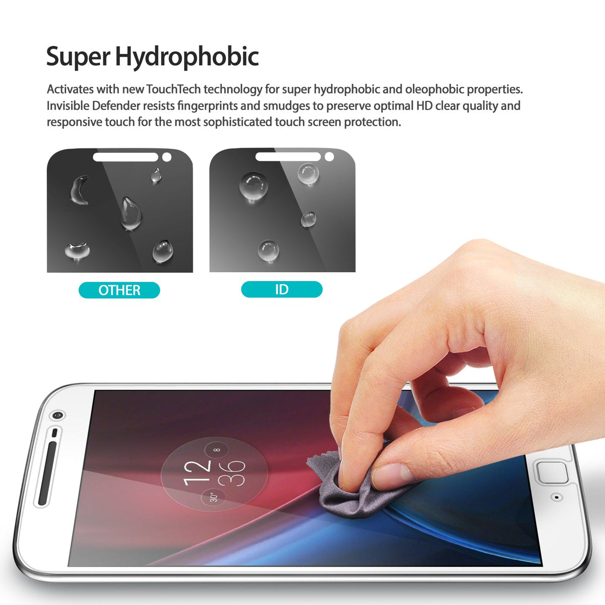 Moto G4 Plus Screen Protector | Film - Comparison of water beading on standard film versus hydrophobic ID screen protector.