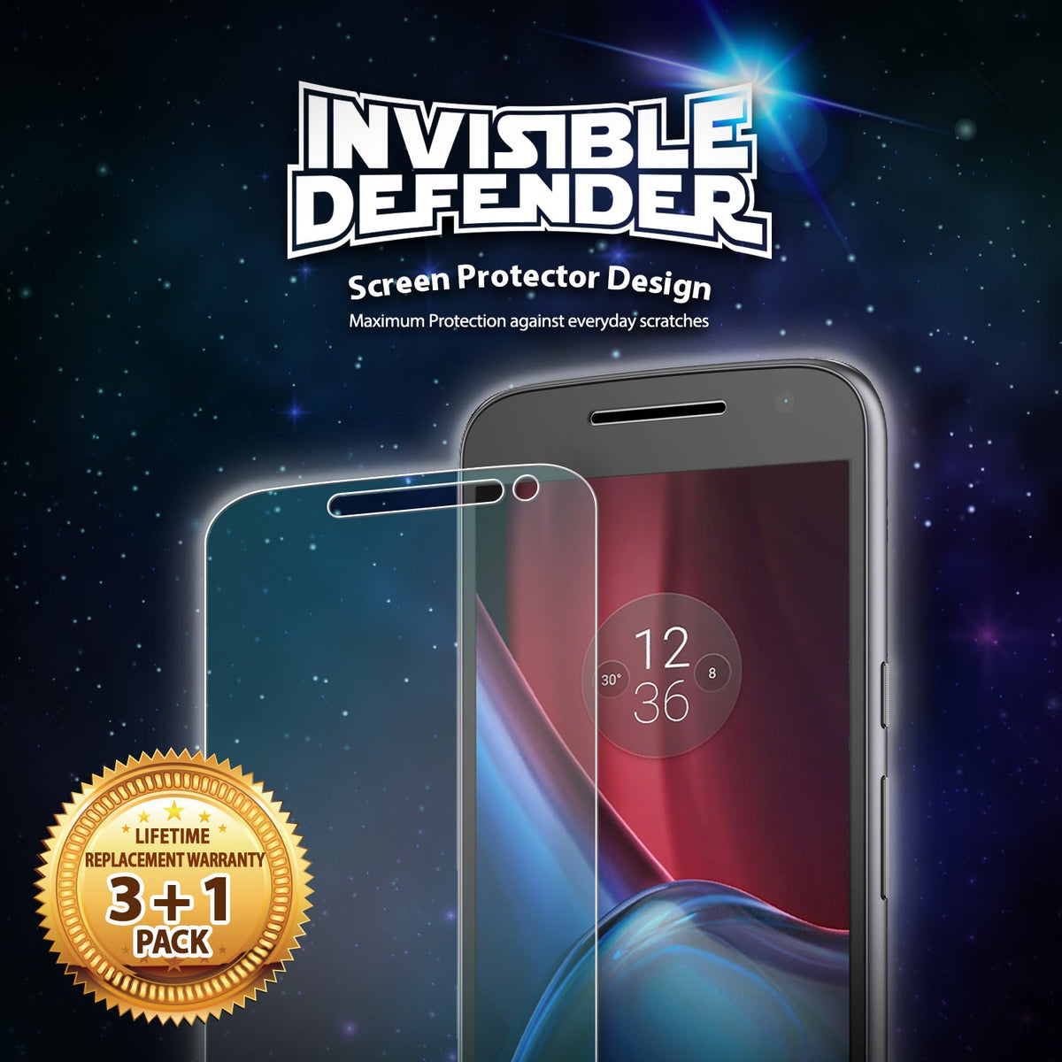 Moto G4 Plus Screen Protector | Film - Clear screen protector film in front of a Moto G4 Plus against a starry background.