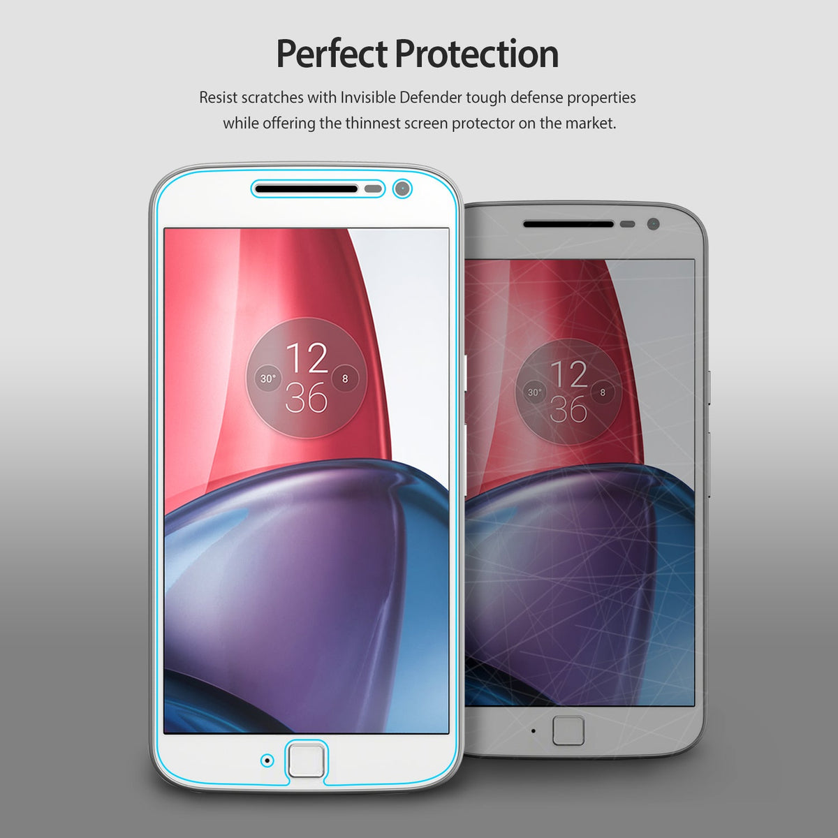 Moto G4 Plus Screen Protector | Film - Moto G4 Plus Screen Protector - Two smartphones side-by-side, one with a clear film and one showing scratch resistance.