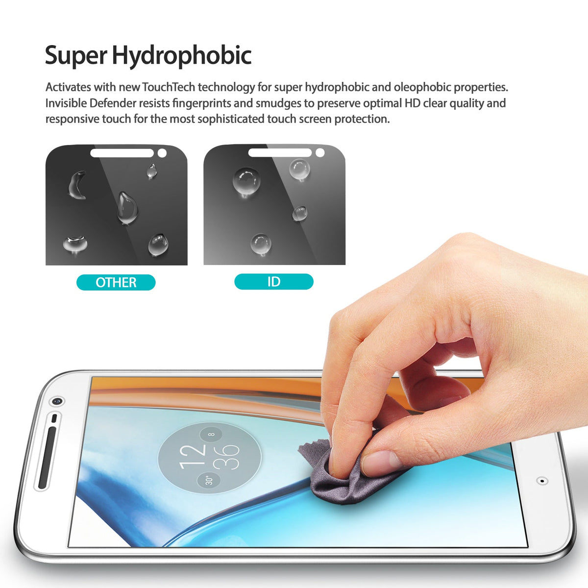 Moto G4 Screen Protector | Film - Comparison of hydrophobic screen protectors with a hand cleaning a smartphone screen.
