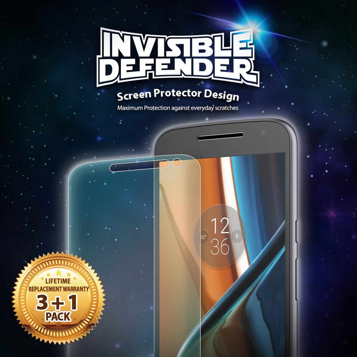 Moto G4 Screen Protector | Film - Invisible Defender screen protector for Moto G4 with a 3+1 pack lifetime warranty badge.