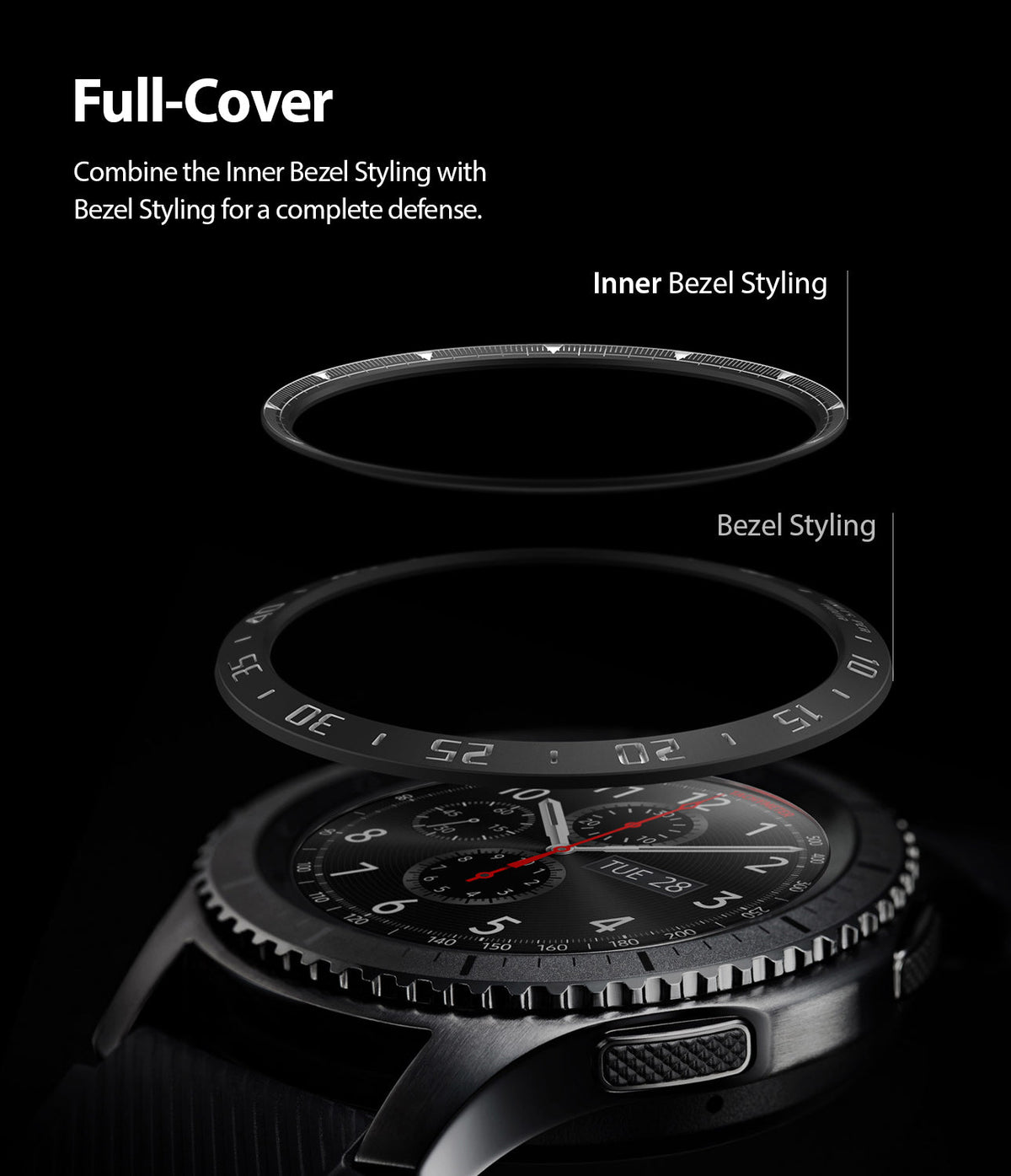 Galaxy Watch 46mm Inner Bezel Styling - Exploded view showing inner and outer bezel rings hovering above a smartwatch.