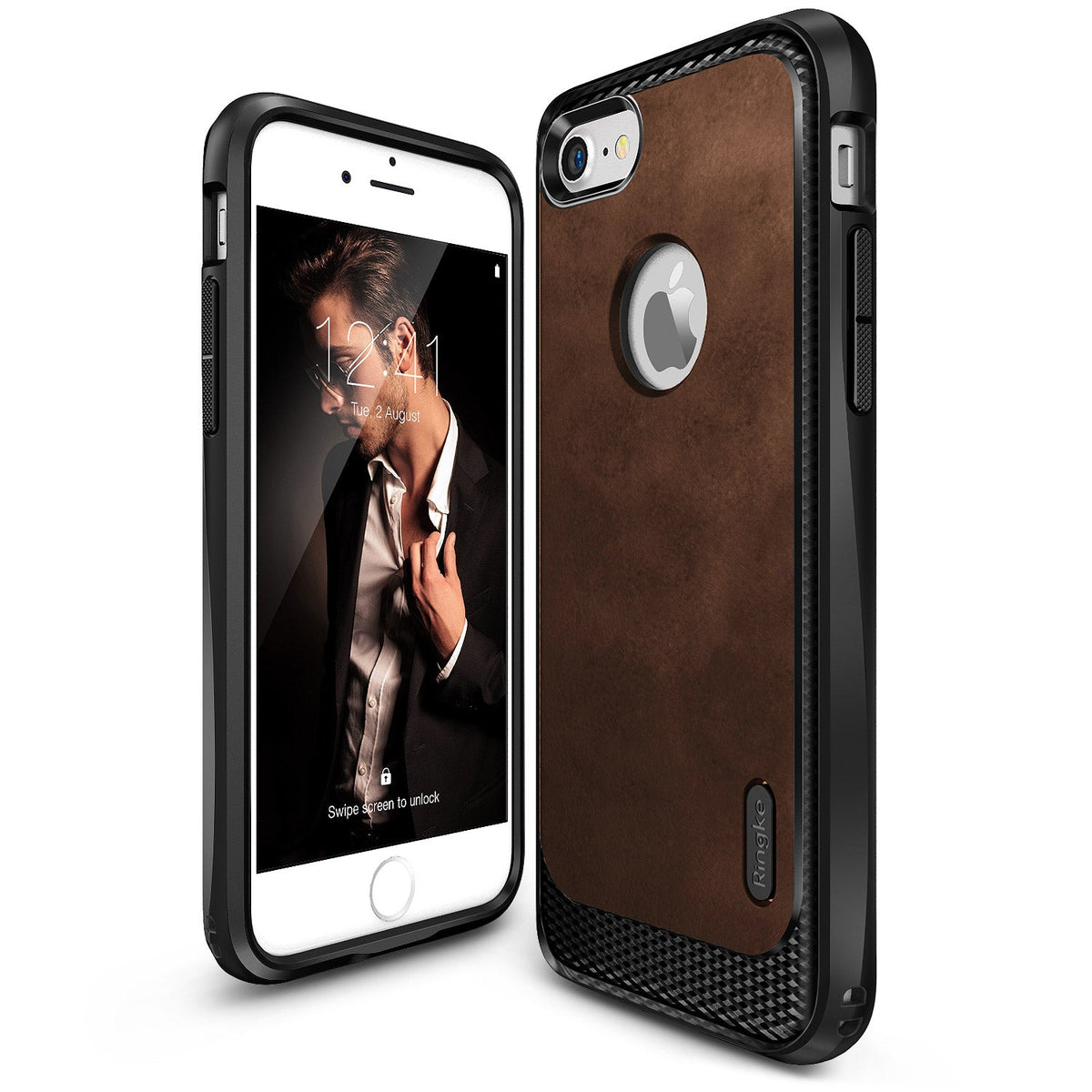 iPhone 7 Case | Flex S - Front and back view of a brown leather-textured phone case with black carbon fiber accents.